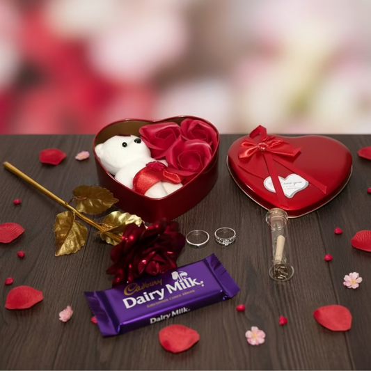 Valentine Special Love Gift Box with Teddy, Rose & Rings | Romantic Surprise Gift