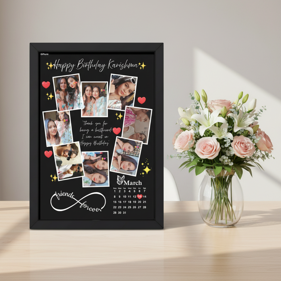 Personalized Birthday Photo Frame with Calendar Date | 8 Photos | Custom Name & Wish | A4 Size