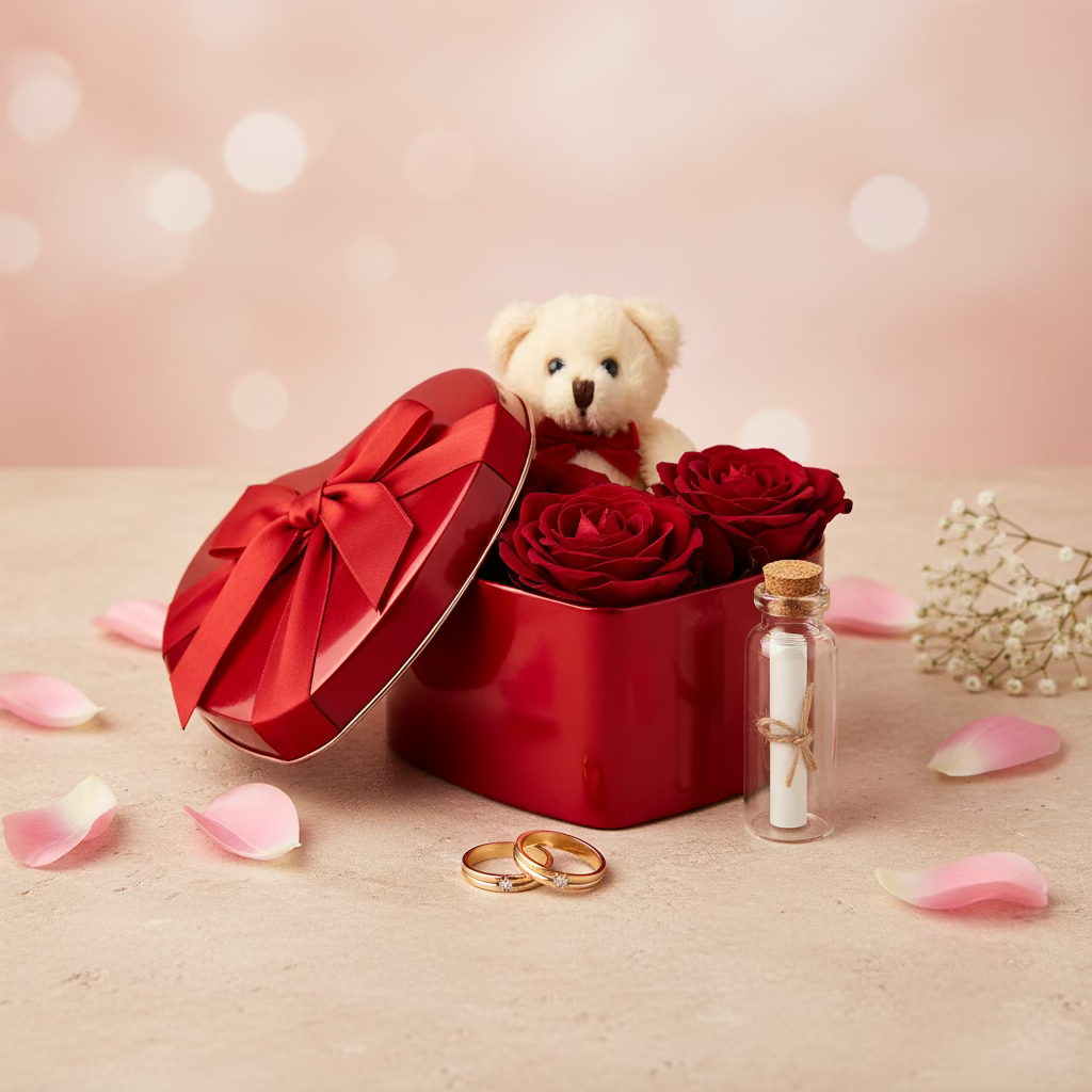 Valentine Special Love Gift Box with Teddy, Rose & Rings | Romantic Surprise Gift